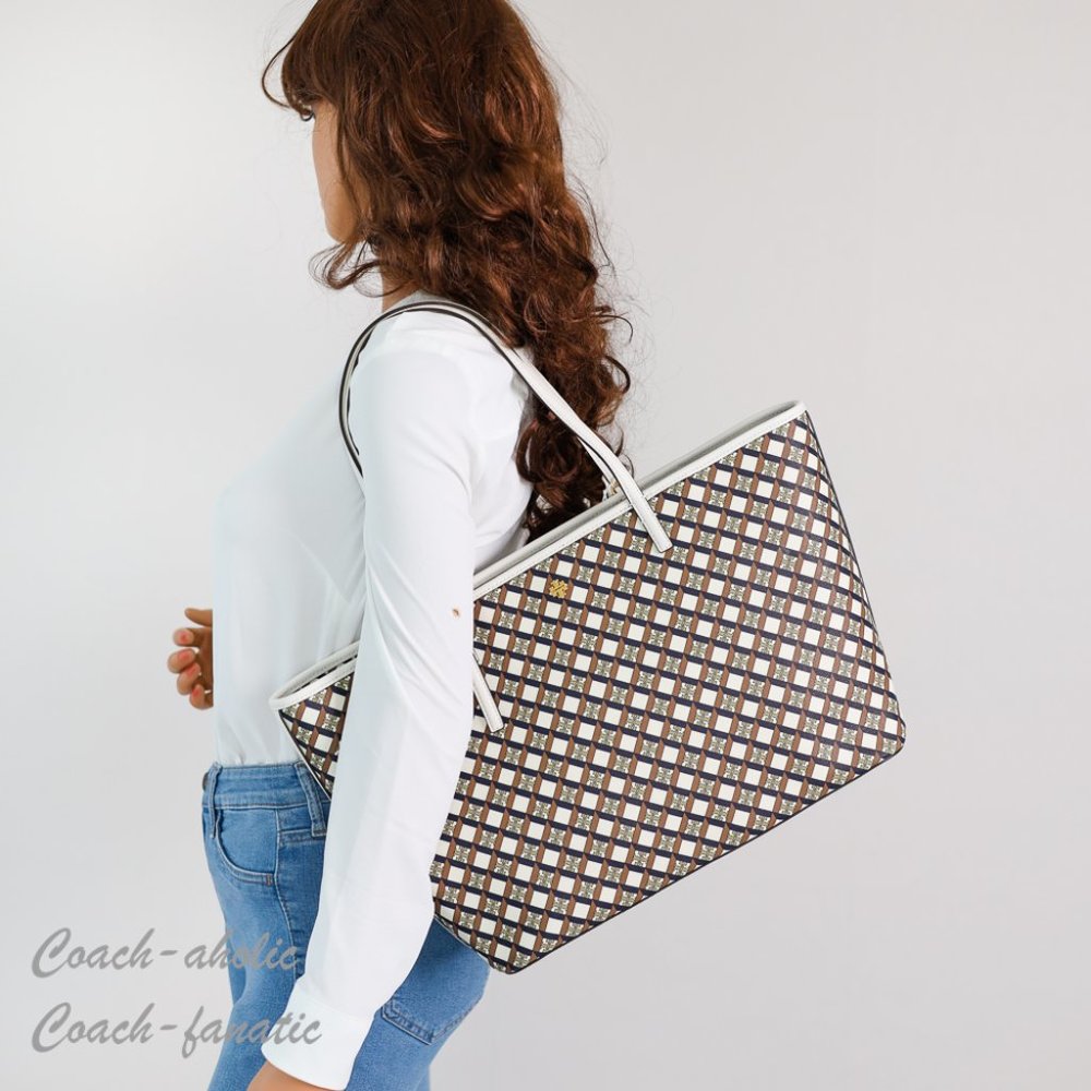 NWT Tory Burch Geo Logo Top Zip Allover Large Tote in Ivory Neutral - Picture 2 of 12